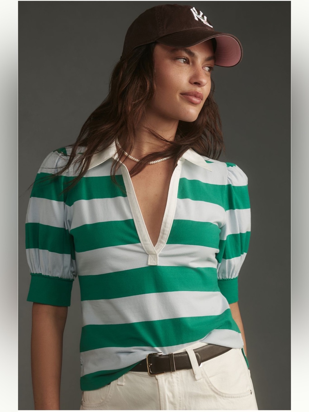 Maeve Puff Sleeve Striped Short Sleeve Polo Top